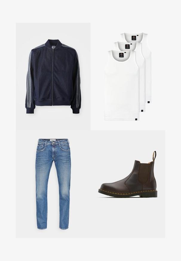 Ναυτικό τζάκετ από τζιν με φερμουάρ μπροστά, ριμπ μανσέτες και τρεις λευκές ρίγες κατά μήκος κάθε μανικιού. Διαθέτει ένα μικρό λογότυπο στο στήθος.; Τρία λευκά ριμπ μπλουζάκια από βαμβάκι. Διαθέτουν στρογγυλή λαιμόκοψη και μικρές μαύρες ετικέτες κοντά στο στρίφωμα. Διαθέσιμα σε πολλές μεγεθύνσεις.; Μπλε τζιν παντελόνι με ίσια γραμμή. Διαθέτει πέντε τσέπες, αντίθεση ραφής και κουμπί κλεισίματος στη μέση. Μαλακή υφή.; Καφέ δερμάτινο μπότες Chelsea με ελαστικές πλευρικές πάνελ, υφασμένο τακούνι και αντίθεση κίτρινα ραφές. Διαθέτει θηλιά για εύκολη φόρμα.