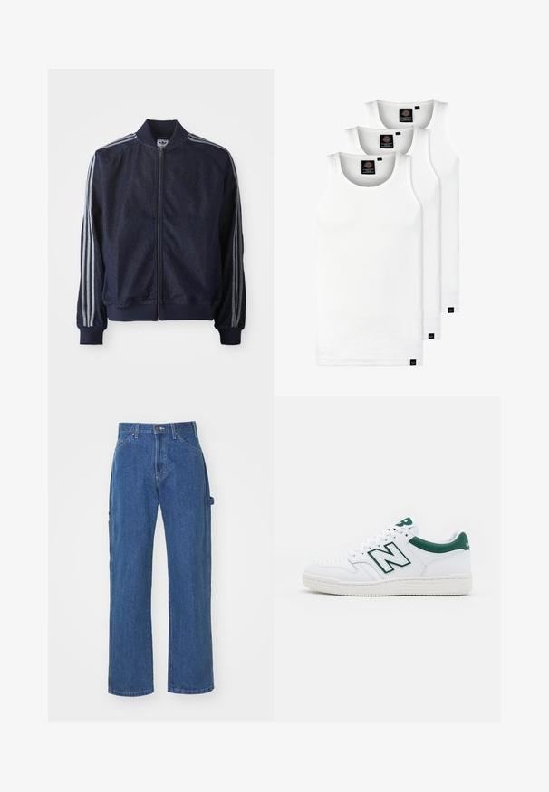 Laivastonsininen farkkutakki, jossa on vetoketju edessä, ribbireunat hihansuissa ja kolme valkoista raitaa kunkin hihan varrella. Takissa on pieni logo rinnassa.; Kolme valkoista ribbitekstiilistä toppia, jotka on valmistettu puuvillasta. Ominaisuuksiin kuuluu pyöreä pääntie ja pieni musta etiketti helman lähellä. Saatavilla useissa kooissa.; Siniset farkut rentoa istuvuutta, suoran lahkeen kanssa, joissa on etu- ja takataskut sekä nappikiinnitys vyötäröllä.; Valkoiset tennarit vihreillä yksityiskohdilla, nahkainen päällinen, rei'itetty varvasosa, nauhakiinnitys ja rakenteellinen kumipohja. Varustettu näkyvällä "N"-logolla.