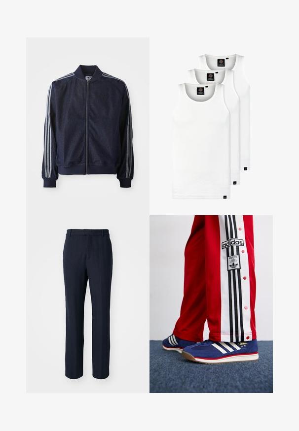 Tumesinist sinusoe džakk, lukuga ees, ribaga mansetid ja kolm valget triipu mööda iga käsivart. Rindkeres on väike logo.; Kolm valget ribaga t-särki, mis on valmistatud puuvillast. Omavad ümmargust kaelanõhku ja väikseid musti silte hemme lähedal. Saadaval erinevates suurustes.; Tumed sinised püksid, millel on herringbone muster, sirged sääred, vöökohad ja tekstureeritud viimistlus.; Adidase SL 72 tennised tumesinise seemisega, millel on kolm valget triipu, koos punaste spordipükstega, millel on mustad külgttriibud ja nööbid.
