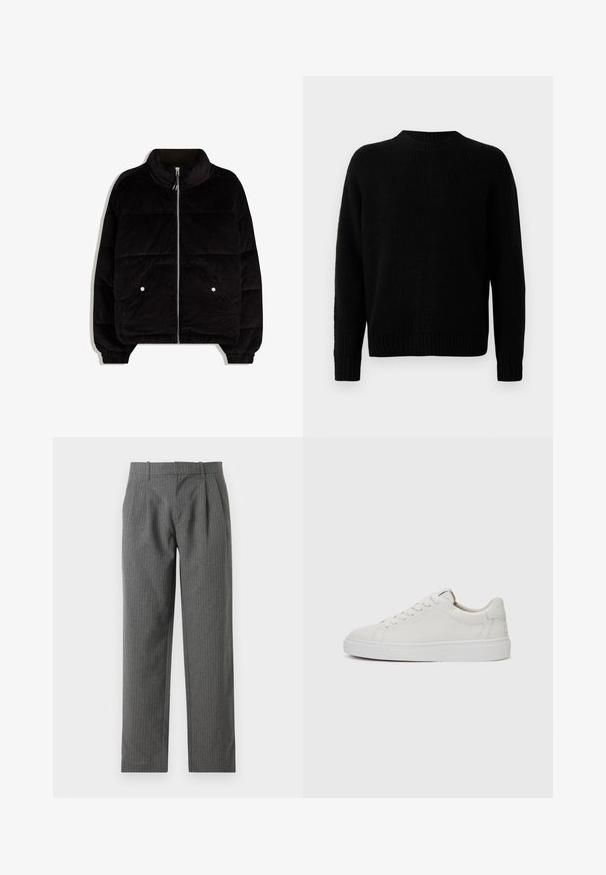 Zwarte corduroy pufferjas met hoge kraag, front-rits, twee drukknoopzakken en elastische manchetten op een witte achtergrond.; Zwarte gebreide trui met een geribbelde textuur, ronde halslijn en lange mouwen. Eenvoudig ontwerp; geen extra patronen of accenten.; Grijze, gestreepte broek gemaakt van een gestructureerde stof. Heeft een hoge taille met plooien en een recht model.; Witte leren lage sneakers met een ronde neus, platte witte rubberen zool en minimalistische stikseldetails. Veters vastgemaakt via zes oogjes.