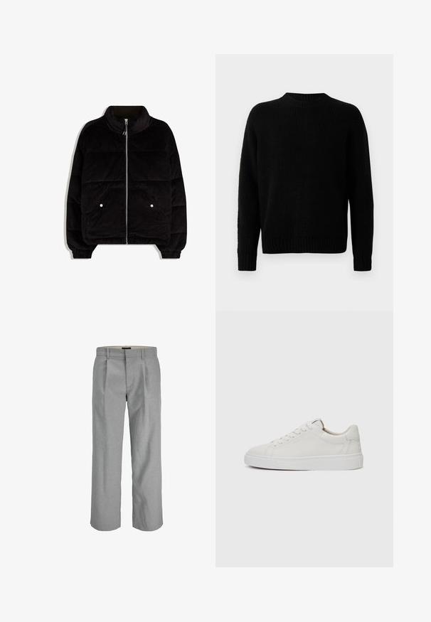 Zwarte corduroy pufferjas met hoge kraag, front-rits, twee drukknoopzakken en elastische manchetten op een witte achtergrond.; Zwarte gebreide trui met een geribbelde textuur, ronde halslijn en lange mouwen. Eenvoudig ontwerp; geen extra patronen of accenten.; Lichtgrijze broeken van een gestructureerde stof, met plooien aan de voorkant, rechte pijpen en een standaard tailleband voor sluiting.; Witte leren lage sneakers met een ronde neus, platte witte rubberen zool en minimalistische stikseldetails. Veters vastgemaakt via zes oogjes.