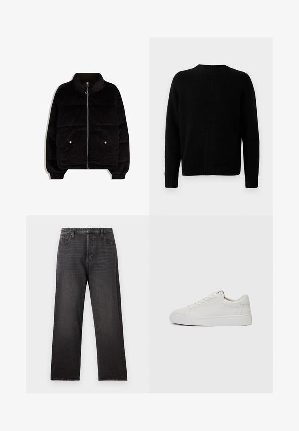 Mustat corduroy-puffer-takki, jossa on korkea kaulus, etuvetoketju, kaksi napillista taskua ja kuminauhakujat hihoissa valkoista taustaa vasten.; Musta neulepaita, jossa on ribbineulepinta, pyöreä pääntie ja pitkät hihat. Yksinkertainen muotoilu; ei lisäkuvioita tai koristeita.; Mustat farkut suoraan lahkeella, joissa on viisi taskua ja näkyviä ompeluyksityiskohtia. Kevyt kangas, jolla on sileä koostumus.; Valkoiset nahkaiset matalakärkiset lenkkarit, joissa on pyöreä kärki, litteä valkoinen kumipohja ja minimalistinen ommel yksityiskohtana. Nauhat on kiinnitetty kuuden silmukan läpi.