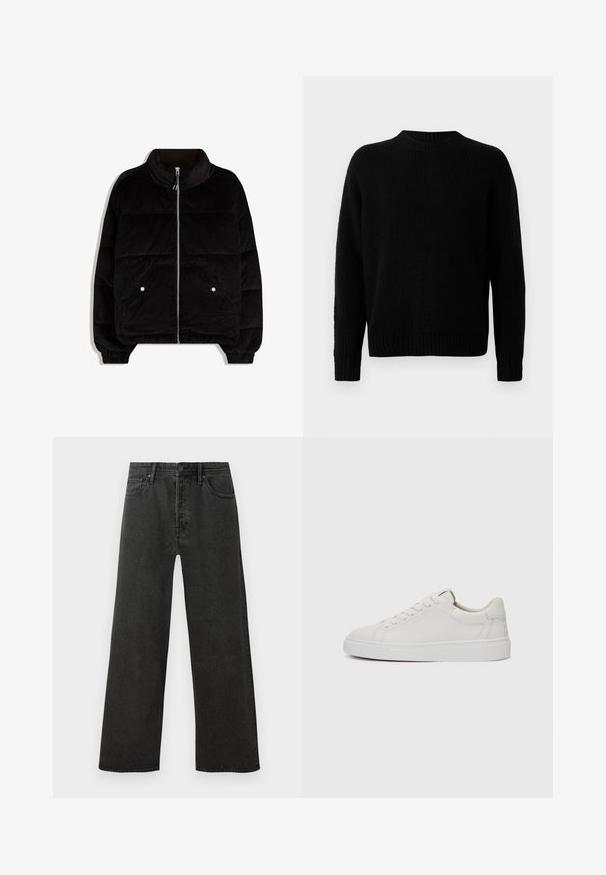 Mustat corduroy-puffer-takki, jossa on korkea kaulus, etuvetoketju, kaksi napillista taskua ja kuminauhakujat hihoissa valkoista taustaa vasten.; Musta neulepaita, jossa on ribbineulepinta, pyöreä pääntie ja pitkät hihat. Yksinkertainen muotoilu; ei lisäkuvioita tai koristeita.; Mustat korkeavyötäröiset suorat farkut, joissa on etunappi, vetoketjusuljenta ja viisi taskua valkoista taustaa vasten.; Valkoiset nahkaiset matalakärkiset lenkkarit, joissa on pyöreä kärki, litteä valkoinen kumipohja ja minimalistinen ommel yksityiskohtana. Nauhat on kiinnitetty kuuden silmukan läpi.