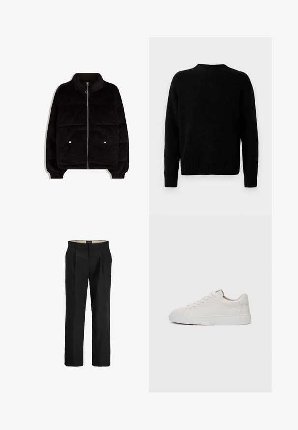 Black corduroy puffer jacket with high collar, front zipper, two snap-button pockets, and elasticated cuffs on a white background.; Black knitted sweater with a ribbed texture, round neckline, and long sleeves. Simple design; no additional patterns or accents.; Black tailored trousers with a flat front, two side pockets, a smooth texture, and a straight-leg cut. Features belt loops for added style.; White leather low-top sneakers with a round toe, flat white rubber sole, and minimalistic stitching detail. Laces secured through six eyelets.
