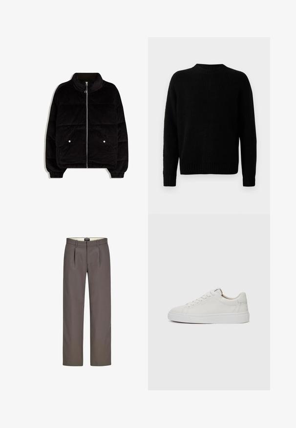 Schwarze Corduroy-Pufferjacke mit hohem Kragen, Frontreißverschluss, zwei Druckknopftaschen und elastischen Bündchen auf weißem Hintergrund.; Schwarzer Strickpullover mit gerippter Textur, runden Ausschnitt und langen Ärmeln. Einfaches Design; keine zusätzlichen Muster oder Akzente.; Graue Hose mit geradem Bein, ausgestattet mit Falten, einem Reißverschluss und einer glatten Textur. Das Innenfutter ist cremefarben.; Weiße Leder-Sneaker im Low-Top-Stil mit runder Zehenform, flacher weißer Gummisohle und minimalistischen Steppnähten. Schnürsenkel sind durch sechs Ösen gesichert.