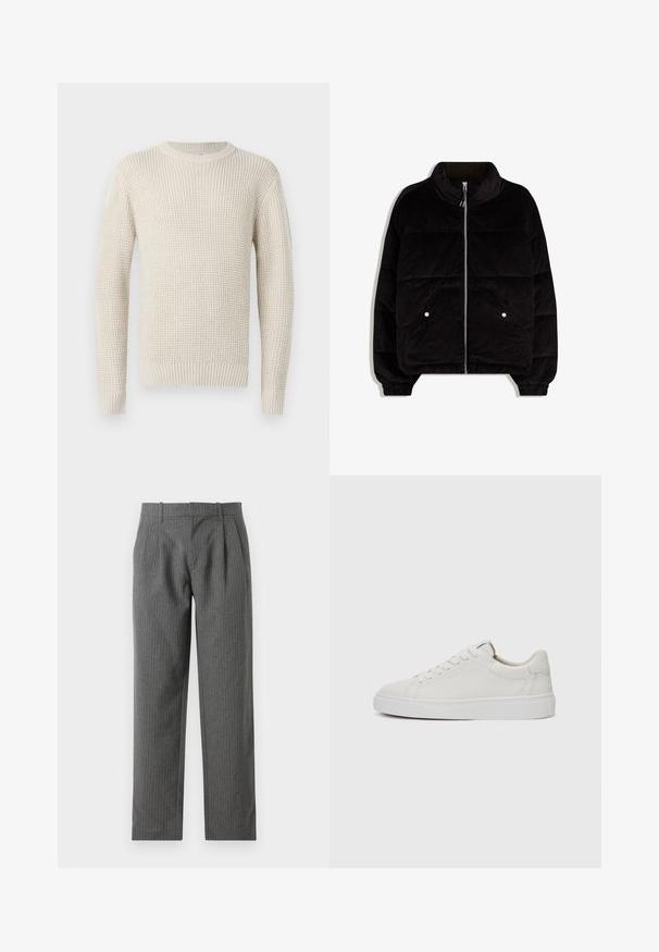 Zwarte corduroy pufferjas met hoge kraag, front-rits, twee drukknoopzakken en elastische manchetten op een witte achtergrond.; Crème-kleurige gebreide trui met een geribbelde textuur, ronde halslijn en lange mouwen. Heeft een losse pasvorm en elastische manchetten en zoom.; Grijze, gestreepte broek gemaakt van een gestructureerde stof. Heeft een hoge taille met plooien en een recht model.; Witte leren lage sneakers met een ronde neus, platte witte rubberen zool en minimalistische stikseldetails. Veters vastgemaakt via zes oogjes.