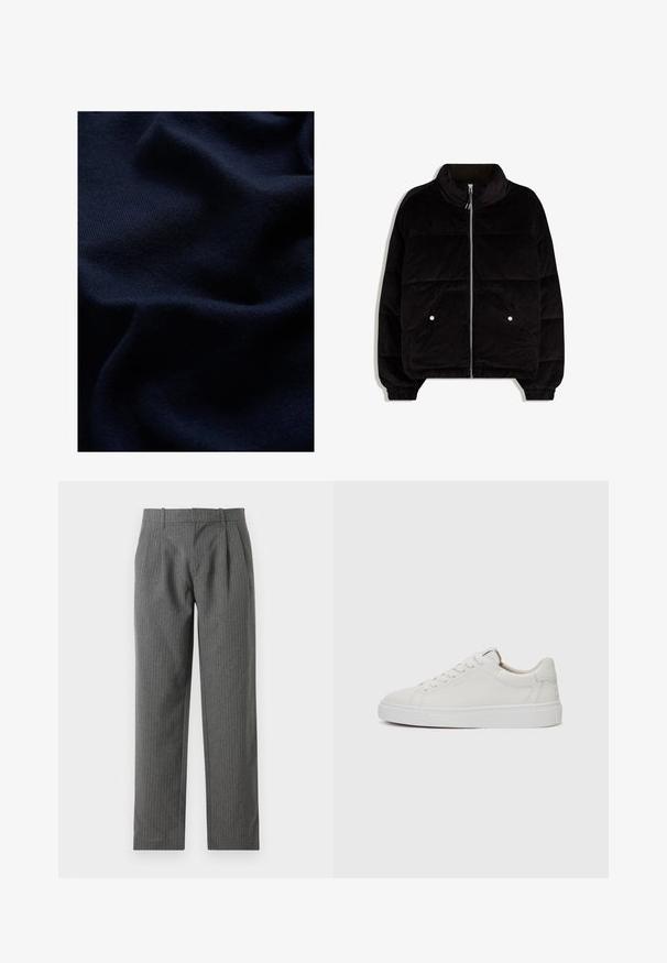 Fekete kordbársony puffertakaró kabát magas gallérral, elöl cipzárral, két patentgombos zsebbel és rugalmas mandzsettával fehér háttér előtt.; WE Fashion THE COMFORT - Pulóver - blue; Szürke, csíkozott nadrág, amelytexturált anyagból készült. Magas derék és redők jellemzik, valamint egyenes szabású láb. ; Fehér bőr, alacsony szárú sportcipő kerek orral, lapos fehér gumitalppal és minimalista varrási részletekkel. A fűzők hat szemre fűzve.