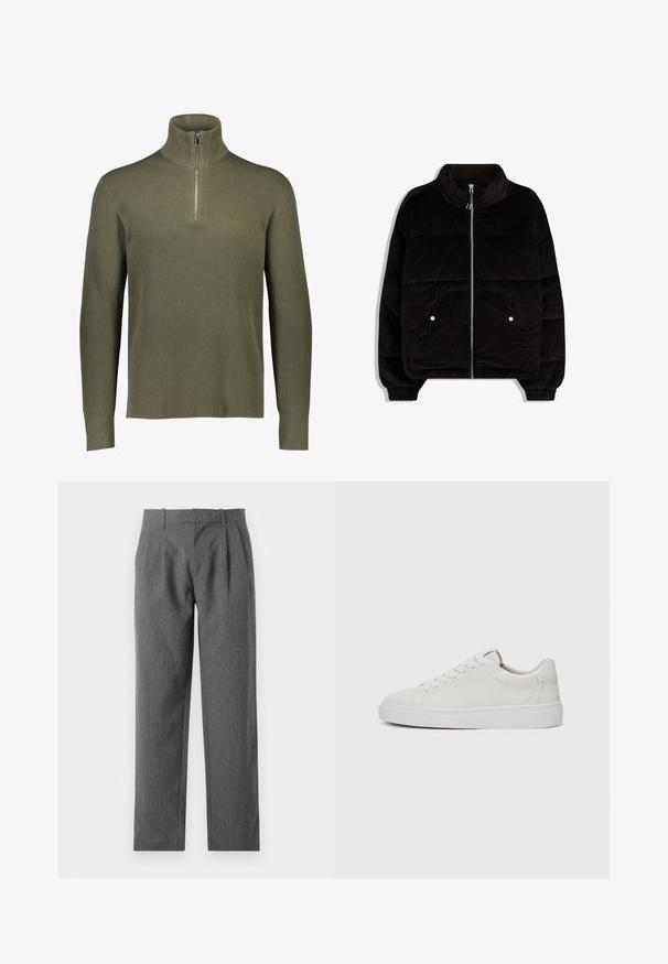 Zwarte corduroy pufferjas met hoge kraag, front-rits, twee drukknoopzakken en elastische manchetten op een witte achtergrond.; Olijfgroene geribde gebreide pullover met een hoge kraag en een kwart-ritssluiting. Voorzien van lange mouwen en een gestructureerde afwerking.; Grijze, gestreepte broek gemaakt van een gestructureerde stof. Heeft een hoge taille met plooien en een recht model.; Witte leren lage sneakers met een ronde neus, platte witte rubberen zool en minimalistische stikseldetails. Veters vastgemaakt via zes oogjes.