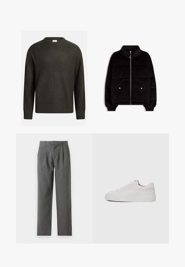 Schwarze Corduroy-Pufferjacke mit hohem Kragen, Frontreißverschluss, zwei Druckknopftaschen und elastischen Bündchen auf weißem Hintergrund.; Dunkelgrüner, dick gestrickter Pullover mit Rundhalsausschnitt, schmaler Schulternaht und strukturiertem Muster. Gerippte Bündchen und Saum.; Graue, gestreifte Hose aus einem strukturierten Stoff. Sie hat eine hohe Taille mit Falten und ein gerades Bein-Design.; Weiße Leder-Sneaker im Low-Top-Stil mit runder Zehenform, flacher weißer Gummisohle und minimalistischen Steppnähten. Schnürsenkel sind durch sechs Ösen gesichert.