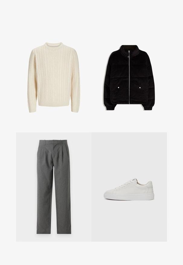 Mustat corduroy-puffer-takki, jossa on korkea kaulus, etuvetoketju, kaksi napillista taskua ja kuminauhakujat hihoissa valkoista taustaa vasten.; Kermankarya neulepusero, jossa on teksturoitu ribbi-kuvio, pyöreä kaula-aukko sekä ribbaus hihansuissa ja helmassa. Pehmeä, paksu kangas.; Harmaat, viivalliset housut, jotka on valmistettu teksturoidusta kankaasta. Ominaisuuksiin kuuluvat korkea vyötärö, laskokset ja suorat lahkeet.; Valkoiset nahkaiset matalakärkiset lenkkarit, joissa on pyöreä kärki, litteä valkoinen kumipohja ja minimalistinen ommel yksityiskohtana. Nauhat on kiinnitetty kuuden silmukan läpi.