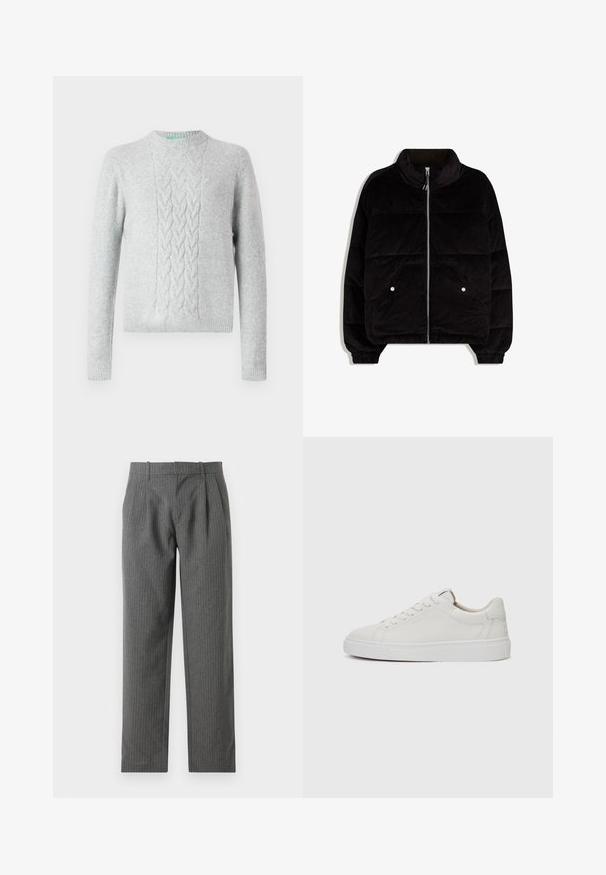 Fekete kordbársony puffertakaró kabát magas gallérral, elöl cipzárral, két patentgombos zsebbel és rugalmas mandzsettával fehér háttér előtt.; Világosszürke kötött pulóver, mellrészen kábelmintával, kerek nyakkivágással, hosszú ujjakkal, bordás mandzsettákkal és aljjal. Simább textúra, minimális márkajelzés.; Szürke, csíkozott nadrág, amelytexturált anyagból készült. Magas derék és redők jellemzik, valamint egyenes szabású láb. ; Fehér bőr, alacsony szárú sportcipő kerek orral, lapos fehér gumitalppal és minimalista varrási részletekkel. A fűzők hat szemre fűzve.