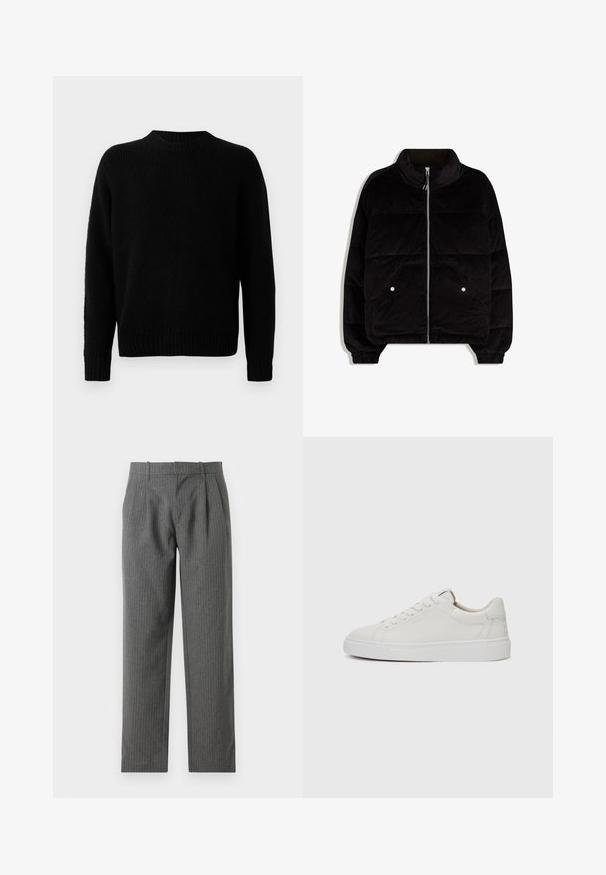 Schwarze Corduroy-Pufferjacke mit hohem Kragen, Frontreißverschluss, zwei Druckknopftaschen und elastischen Bündchen auf weißem Hintergrund.; Schwarzer Strickpullover mit gerippter Textur, runden Ausschnitt und langen Ärmeln. Einfaches Design; keine zusätzlichen Muster oder Akzente.; Graue, gestreifte Hose aus einem strukturierten Stoff. Sie hat eine hohe Taille mit Falten und ein gerades Bein-Design.; Weiße Leder-Sneaker im Low-Top-Stil mit runder Zehenform, flacher weißer Gummisohle und minimalistischen Steppnähten. Schnürsenkel sind durch sechs Ösen gesichert.