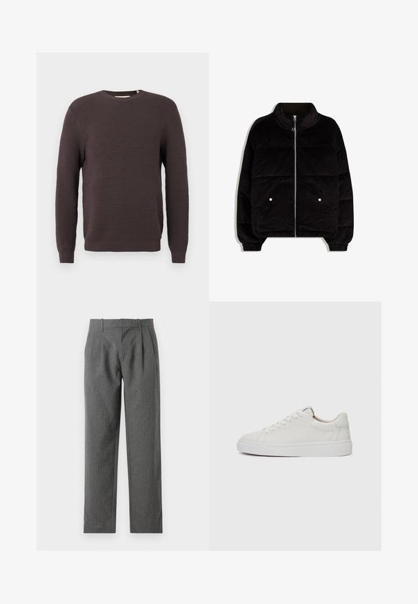 Mustat corduroy-puffer-takki, jossa on korkea kaulus, etuvetoketju, kaksi napillista taskua ja kuminauhakujat hihoissa valkoista taustaa vasten.; Tummanruskea ribattu neulepusero pitkällä hihaisella ja kireillä hihansuilla.; Harmaat, viivalliset housut, jotka on valmistettu teksturoidusta kankaasta. Ominaisuuksiin kuuluvat korkea vyötärö, laskokset ja suorat lahkeet.; Valkoiset nahkaiset matalakärkiset lenkkarit, joissa on pyöreä kärki, litteä valkoinen kumipohja ja minimalistinen ommel yksityiskohtana. Nauhat on kiinnitetty kuuden silmukan läpi.