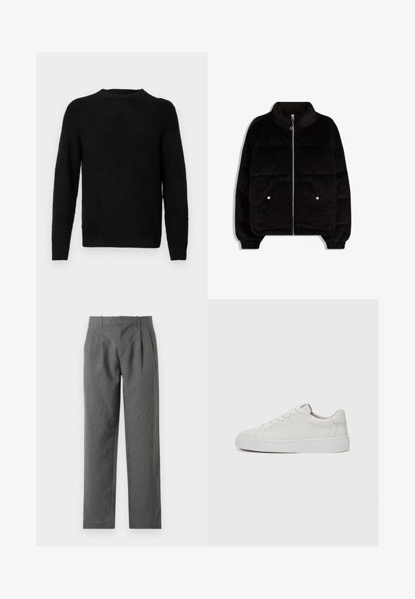 Veste matelassée en velours côtelé noir avec col montant, zip avant, deux poches à bouton-pression et poignets élastiqués sur fond blanc.; Pull en maille noire avec un col rond, des manches longues, un motif texturé et des poignets et un ourlet côtelés. Design classique à coupe ample.; Pantalons gris à rayures fines en tissu texturé. Dotés d'une taille haute avec des plis et d'une coupe droite.; Baskets blanches en cuir, à tige basse, avec un bout rond, une semelle en caoutchouc blanc plate et des détails de couture minimalistes. Lacets maintenus par six œillets.