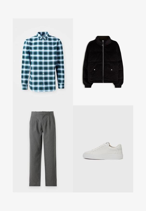 Sort fløjel puffjakke med høj krave, frontlynlås, to trykknaplommer og elastiske manchetter på en hvid baggrund.; Grøn- og hvidternet langærmet skjorte med knap-omkranset krave og frontknapper. Lavet af letvægtigt stof med en struktureret design.; Grå, stribede bukser lavet af et tekstureret stof. Har en høj talje med læg og et lige ben design.; Hvide læder sneakers med lav skæft, rund tå, flad hvid gummisål og minimalistisk sømdetalje. Snørebånd sikret gennem seks snørrehuller.