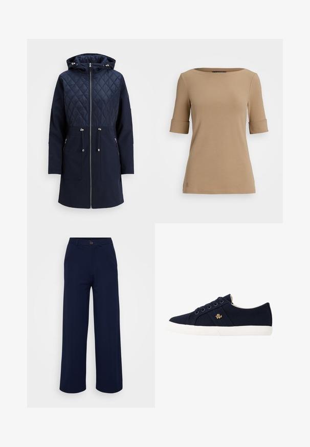 Námornícky prešívaný kabát s prešívanou hornou časťou, kapucňou, plným zipsom, pásom na stiahnutie a dvoma prednými vreckami. Hladká textúra, moderný dizajn.; Béžové, priliehavé tričko s širokým, okrúhlym výstrihom a rukávmi po lakte srolovanými. Vyrobené z jemného, elastického materiálu s decentným logom.; Even&Odd Petite Nohavice - dark blue; Lauren Ralph Lauren JANSON II CANVAS SNEAKER - Tenisky - navy