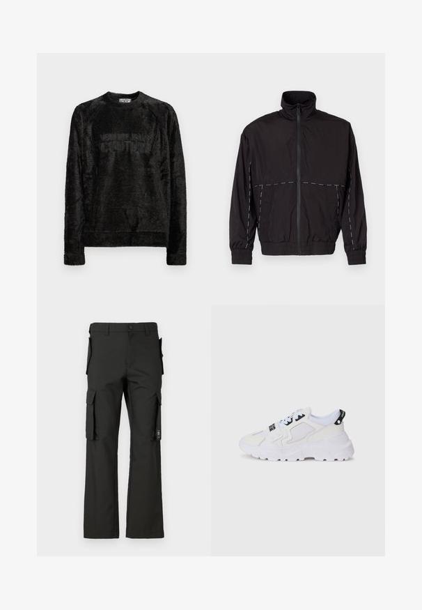 Jachetă neagră ușoară cu guler înalt și închidere cu fermoar. Prezintă accente de cusături albe pe umeri și mâneci. Mansete elastice.; Souvenir negru din fleece cu guler rotund și mâneci lungi. Prezintă un logo embosat "VERSACE JEANS COUTURE" pe față. Textură moale, design casual.; Pantaloni cargo negri cu un design drept, având multiple buzunare laterale și închidere cu nasture. Confectionați dintr-un material rezistent, cu o textură netedă.; Adidași atletici albi cu partea superioară din plasă, talpă groasă și accente negre cu marcă imprimată. Design texturat și structurat.