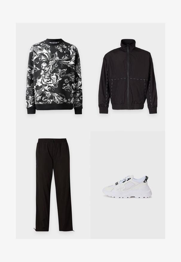 Casaco leve preto com gola alta e fecho de correr. Apresenta detalhes em costura branca nos ombros e mangas. Punhos elásticos.; Sweatshirt preto com padrões florais brancos intricados, gola arredondada e punhos canelados. Tecido suave com um corte descontraído.; Calças leves pretas com cintura elástica, fecho por cordão ajustável e bainhas com fecho de correr para ajuste. Textura suave e elegante.; Ténis desportivos brancos com parte superior em rede, sola grossa e detalhes pretos com marca impressa. Design texturizado e estruturado.