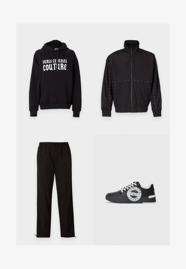 Čierna ľahká bunda s vysokým golierom a zipsom. Má biele švy na pleciach a rukávoch. Elastické manžety.; Čierna mikina s kapucňou vyrobená z jemného materiálu, s klokaními vreckami, ribbovanými manžetami a výrazným bielym logom "VERSACE JEANS COUTURE" na prednej strane.; Čierne ľahké nohavice s elastickým pásom, sťahovacím pásom a zipsami na spodnej časti, ktoré umožňujú prispôsobiť veľkosť. Hladká, lesklá textura.; Čierne kožené tenisky s bielymi akcentmi, okrúhlym logom, perforovanou špičkou a kontrastnou podrážkou. Obsahujú biele šnúrky a značkovanie.