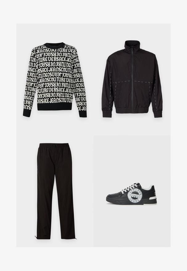 Giacca nera leggera con colletto alto e chiusura a zip. Presenta dettagli in cucitura bianca sulle spalle e sulle maniche. Polsi elasticizzati.; Maglione nero lavorato a maglia con testo bianco che ripete "VERSACE JEANS COUTURE" in varie orientazioni. Collo e polsini a costine.; Pantaloni leggeri neri con vita elastica, chiusura con cordino e orli con zip per una vestibilità regolabile. Texture liscia e elegante.; Sneaker nere in pelle con accenti bianchi, dettagli del logo rotondo, punta perforata e suola a contrasto. Presentano lacci bianchi e branding.