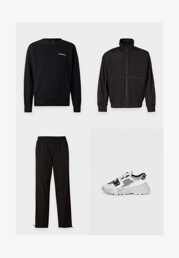Μαύρο ελαφρύ μπουφάν με ψηλό γιακά και κλείσιμο με φερμουάρ. Διαθέτει λευκές ραφές στις ώμους και τα μανίκια. Ελαστικές μανσέτες.; Μαύρη μπλούζα φούτερ από μαλακό ύφασμα, διαθέτει στρογγυλή λαιμόκοψη, μακριά μανίκια, ριμπ μανσέτες, και λευκό λογότυπο "NoProblemo" στο στήθος.; Μαύρο ελαφρύ παντελόνι με ελαστική μέση, κλείσιμο με σκοινάκι και φερμουάρ στο κάτω μέρος για ρυθμιζόμενη εφαρμογή. Λείος και κομψός υφή.; Χοντρές αθλητικές παπούτσια με λευκό και ασημί σχέδιο. Περιλαμβάνουν πλέγματα, μαύρες λεπτομέρειες και λευκές κορδόνες. Υφή σε σόλα με ανάγλυφο μοτίβο.