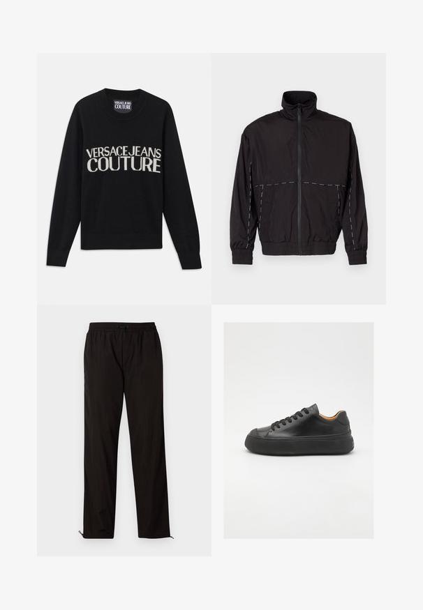 Černá lehká bunda s vysokým límcem a zipovým zapínáním. Má bílé prošívání na ramenou a rukávech. Elastické manžety.; Černý pletený svetr s kulatým výstřihem. Na přední straně se nachází kontrastní krémové logo "VERSACE JEANS COUTURE". Ribbené manžety a lem. Měkká textura.; Černé lehké kalhoty s elastickým pasem, stahovací šňůrkou a zipovými nohavicemi pro nastavitelný střih. Hladká, elegantní textura.; Černé kožené tenisky s kulatou špičkou, šněrováním v přední části, hladkým povrchem, silnou gumovou podrážkou a kontrastním tan interiérem.