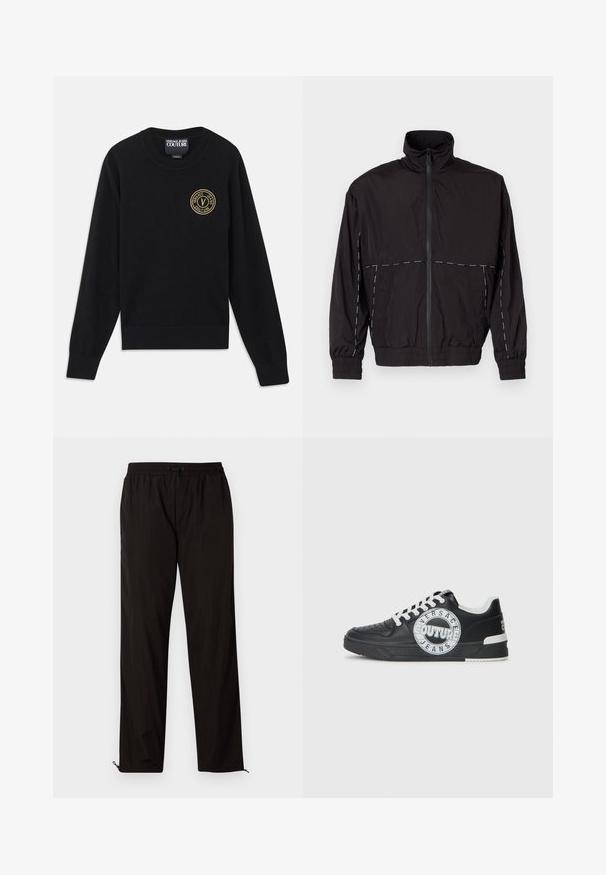 Casaco leve preto com gola alta e fecho de correr. Apresenta detalhes em costura branca nos ombros e mangas. Punhos elásticos.; Suéter de malha preto com gola redonda, apresentando punhos e bainha canelados, com um logótipo bordado a dourado na parte superior esquerda do peito.; Calças leves pretas com cintura elástica, fecho por cordão ajustável e bainhas com fecho de correr para ajuste. Textura suave e elegante.; Tenis de couro preto com detalhes em branco, logótipo redondo, ponta perfurada e sola de contraste. Apresenta atacadores brancos e marca.
