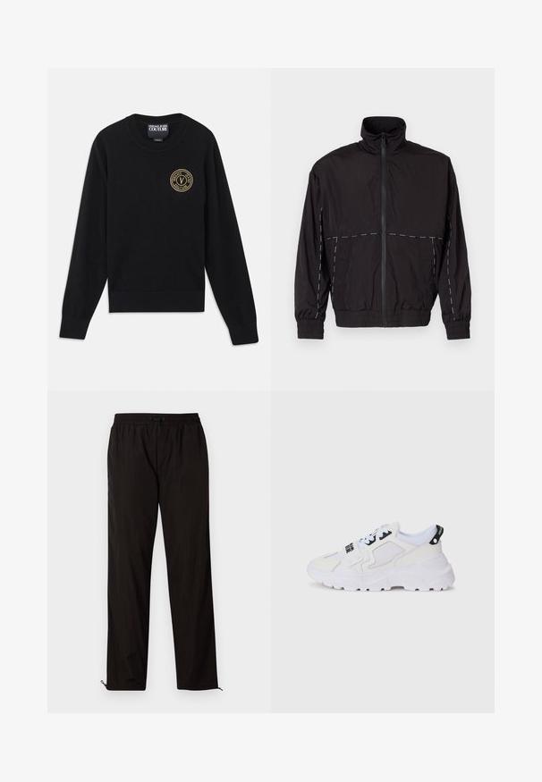 Casaco leve preto com gola alta e fecho de correr. Apresenta detalhes em costura branca nos ombros e mangas. Punhos elásticos.; Suéter de malha preto com gola redonda, apresentando punhos e bainha canelados, com um logótipo bordado a dourado na parte superior esquerda do peito.; Calças leves pretas com cintura elástica, fecho por cordão ajustável e bainhas com fecho de correr para ajuste. Textura suave e elegante.; Ténis desportivos brancos com parte superior em rede, sola grossa e detalhes pretos com marca impressa. Design texturizado e estruturado.
