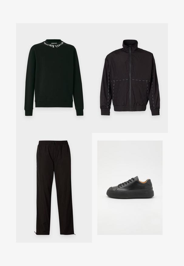 Casaco leve preto com gola alta e fecho de correr. Apresenta detalhes em costura branca nos ombros e mangas. Punhos elásticos.; Sweatshirt preto de mangas longas com gola redonda, apresentando o texto branco "Versace Jeans Couture" à volta da gola, com punhos e barra canelados.; Calças leves pretas com cintura elástica, fecho por cordão ajustável e bainhas com fecho de correr para ajuste. Textura suave e elegante.; Sapatilha de couro preta com bico redondo, frente com atacadores, superfície lisa, sola de borracha grossa e interior em tom contrastante de castanho.
