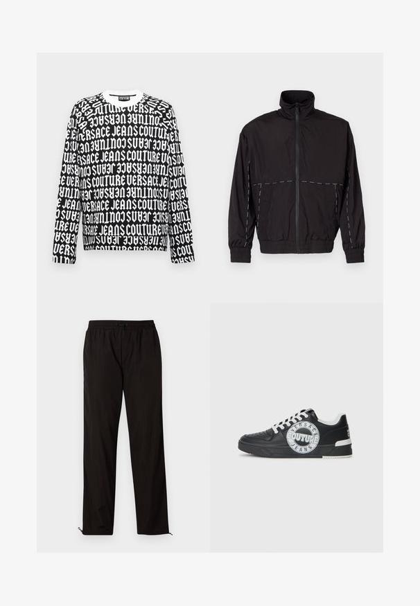 Chaqueta ligera negra con cuello alto y cierre de cremallera. Presenta detalles de costura blanca en los hombros y las mangas. Puños elásticos.; Sudadera de manga larga en blanco y negro con un diseño de texto en negrita que se repite. Cuello redondo y un corte holgado con puños acanalados.; Pantalones ligeros negros con cintura elástica, cierre de cordón y bajos con cremallera para un ajuste ajustable. Textura suave y elegante.; Zapatillas de cuero negro con acentos blancos, detalles de logo redondo, puntera perforada y suela en contraste. Presentan cordones blancos y una marca.