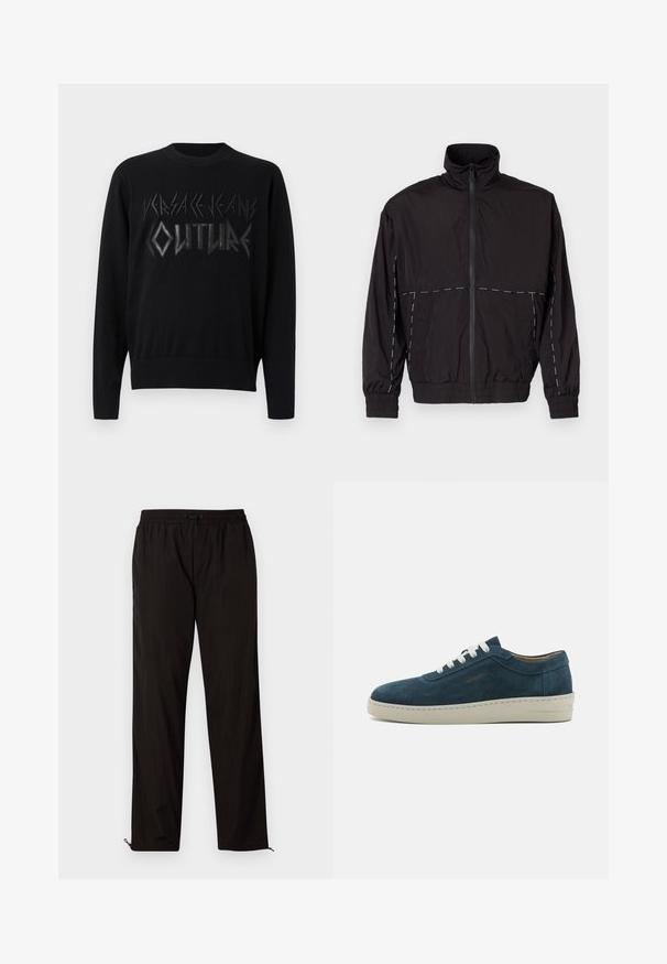 Μαύρο ελαφρύ μπουφάν με ψηλό γιακά και κλείσιμο με φερμουάρ. Διαθέτει λευκές ραφές στις ώμους και τα μανίκια. Ελαστικές μανσέτες.; Μαύρο πλεκτό πουλόβερ με έντονο ανάγλυφο κείμενο σε γυαλιστερή φινίρισμα, με στρογγυλή λαιμόκοψη και ριμπ μανίκια και στρίφωμα.; Μαύρο ελαφρύ παντελόνι με ελαστική μέση, κλείσιμο με σκοινάκι και φερμουάρ στο κάτω μέρος για ρυθμιζόμενη εφαρμογή. Λείος και κομψός υφή.; Μπλε σουέτ αθλητικά παπούτσια με στρογγυλή μύτη, λευκές χορδές και καουτσούκ σόλα. Διαθέτουν διακριτές ραφές και μια επώνυμη λεπτομέρεια στο πλάι.