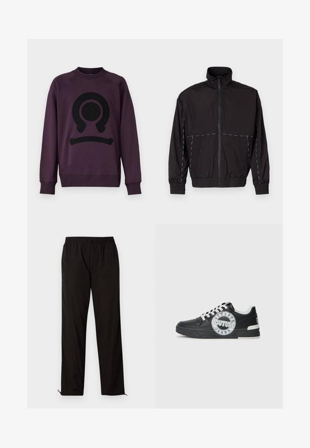 Casaco leve preto com gola alta e fecho de correr. Apresenta detalhes em costura branca nos ombros e mangas. Punhos elásticos.; Sweatshirt roxo com um logótipo preto redondo na frente. Apresenta um decote redondo e punhos e bainha canelados. Textura de tecido suave.; Calças leves pretas com cintura elástica, fecho por cordão ajustável e bainhas com fecho de correr para ajuste. Textura suave e elegante.; Tenis de couro preto com detalhes em branco, logótipo redondo, ponta perfurada e sola de contraste. Apresenta atacadores brancos e marca.