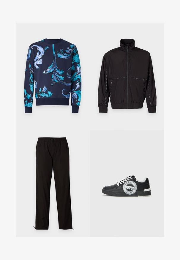 Zwarte lichtgewicht jas met hoge kraag en ritssluiting. Heeft witte stiksels op de schouders en mouwen. Elastische manchetten.; Maritiem sweatshirt met sierlijke blauwe bloempatronen, geribde ronde hals en manchetten, zachte textuur en een ontspannen pasvorm.; Zwarte lichtgewicht broeken met een elastische tailleband, treksluiting en met rits afsluitbare zoom voor een aanpasbare pasvorm. Glad, strak textuur.; Zwarte leren sneakers met witte accenten, ronde logodetailing, geperforeerde neus en contrasterende zool. Voorzien van witte veters en merknaam.