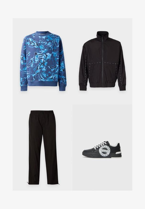 Melna viegla jaka ar augstu apkakli un rāvējslēdzēju. Iezīmējas ar baltām šuvēm uz pleciem un piedurknēm. Elastīgas piedurknes.; Jūras spēku sudraba krekls ar smalkiem ziliem ziedu rakstiem. Ar apaļu kakla izgriezumu un ribinātām aprocēm. Izgatavots no mīksta auduma ar gludu tekstūru.; Melni viegli bikses ar elastīgu jostu, aukliņu aizdari un rāvējslēdzēju apakšmalā regulējamai fitē. Gluda, eleganta tekstūra.; Melnas ādas sporta kurpes ar baltām akcentiem, apaļu logo detaļu, perforētu purngali un kontrastējošu zoli. Iekļautas baltas šņorītes un zīmols.