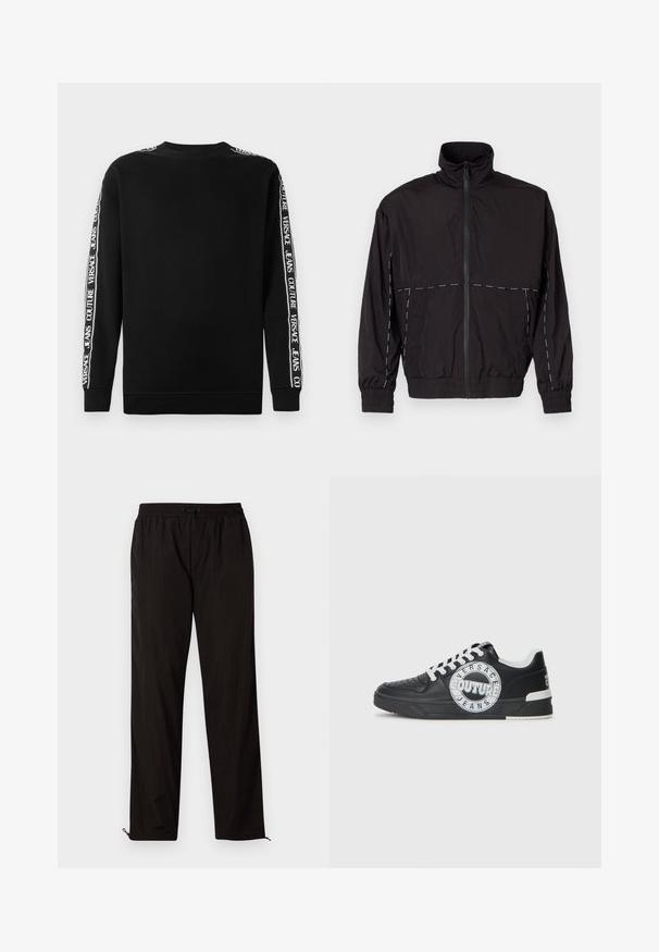 Casaco leve preto com gola alta e fecho de correr. Apresenta detalhes em costura branca nos ombros e mangas. Punhos elásticos.; Sweatshirt preto com mangas longas e com a marcação em texto branco na vertical ao longo dos lados. Punhos e gola canelados. Textura de tecido suave.; Calças leves pretas com cintura elástica, fecho por cordão ajustável e bainhas com fecho de correr para ajuste. Textura suave e elegante.; Tenis de couro preto com detalhes em branco, logótipo redondo, ponta perfurada e sola de contraste. Apresenta atacadores brancos e marca.