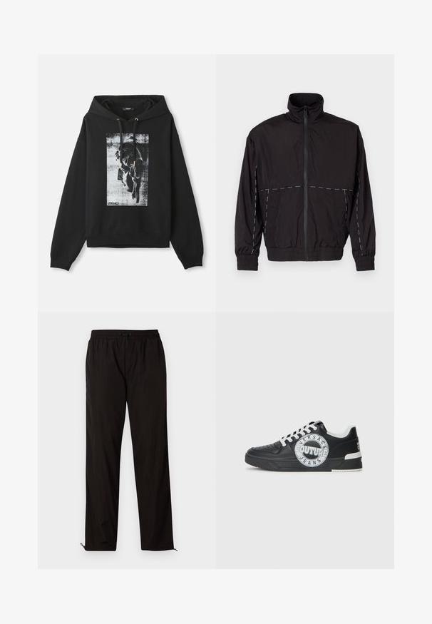 Čierna ľahká bunda s vysokým golierom a zipsom. Má biele švy na pleciach a rukávoch. Elastické manžety.; Čierna mikina s kapucňou vyrobená z bavlny, s grafickým potlačou profilu v sivej a bielej farbe, so zlatými detailmi na šnúrke.; Čierne ľahké nohavice s elastickým pásom, sťahovacím pásom a zipsami na spodnej časti, ktoré umožňujú prispôsobiť veľkosť. Hladká, lesklá textura.; Čierne kožené tenisky s bielymi akcentmi, okrúhlym logom, perforovanou špičkou a kontrastnou podrážkou. Obsahujú biele šnúrky a značkovanie.
