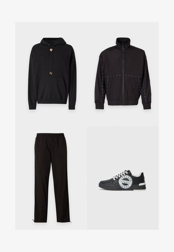 Juodas lengvas švarkas su aukštu apykakle ir užtrauktuku. Savybėje yra balti siuvinėjimo akcentai ant pečių ir rankovių. Elastingi rankogaliai.; Juodas gobtuvėlis, pagamintas iš medvilnės, su priekiu kišene, su auksiniu liūto galvos akcentu ant raištelių ir logotipo emblema ant krūtinės.; Juodos lengvos kelnės su elastingu juosmeniu, raišteliu ir užtrauktukais apačioje, kad būtų galima pritaikyti dydį. Lygus, glotnus paviršius.; Juodo odinio sportinio avalynė su baltais akcentais, apvaliu logotipo detalizavimu, perforuota priekiu ir kontrastingu padu. Savybės: balti raišteliai ir prekės ženklas.