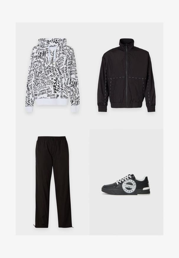 Črna lahka jakna z visokim ovratnikom in zadrgo. Ima bele šive na ramenih in rokavih. Elastični manšeti.; Sivi kapuča s črnim ročno napisanim vzorcem, ki vključuje besedilo in logotipe. Ohlapen kroj z rebrastimi manšetami in pasom.; Črne lahke hlače z elastičnim pasom, zapiranjem na vrvico in zadrgo na robovih za prilagodljivost. Gladka, sijoča tekstura.; Črne usnjene superge z belimi detajli, okroglo logotipno okrasitev, perforiran prst in kontrastno podplat. Imajo bele vezalke in blagovno znamko.