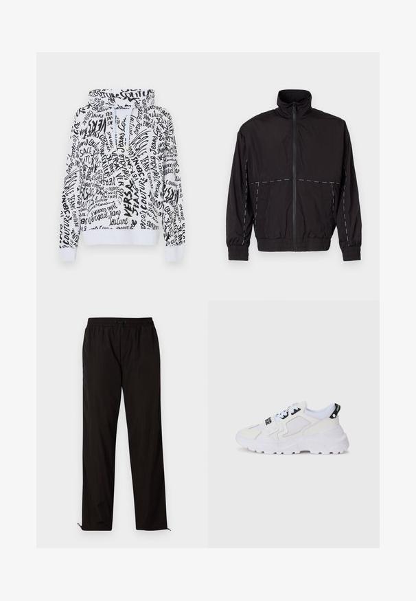 Čierna ľahká bunda s vysokým golierom a zipsom. Má biele švy na pleciach a rukávoch. Elastické manžety.; Biela mikina s kapucňou s čiernym rukopisným štýlovým vzorom, ktorý obsahuje text a logo. Voľný strih s rebrovanými manžetami a pásom.; Čierne ľahké nohavice s elastickým pásom, sťahovacím pásom a zipsami na spodnej časti, ktoré umožňujú prispôsobiť veľkosť. Hladká, lesklá textura.; Biele športové tenisky s vrchnou časťou z mrežoviny, hrubou podrážkou a čiernymi akcentmi s potlačeným logom. Textúrovaný a štruktúrovaný dizajn.