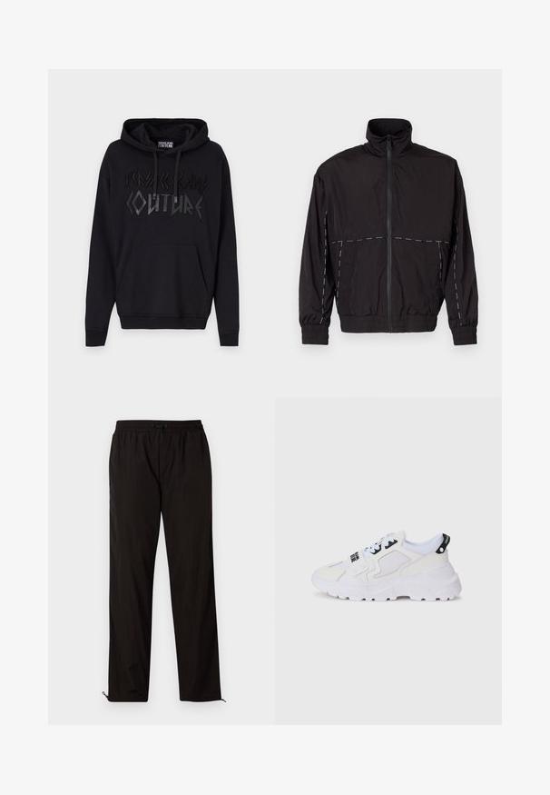 Casaco leve preto com gola alta e fecho de correr. Apresenta detalhes em costura branca nos ombros e mangas. Punhos elásticos.; Sweatshirt preto com um bolso canguru à frente. Apresenta letras em relevo pretas "VERSACE JEANS COUTURE" em uma fonte ousada e angular. Tecido em mistura de algodão.; Calças leves pretas com cintura elástica, fecho por cordão ajustável e bainhas com fecho de correr para ajuste. Textura suave e elegante.; Ténis desportivos brancos com parte superior em rede, sola grossa e detalhes pretos com marca impressa. Design texturizado e estruturado.