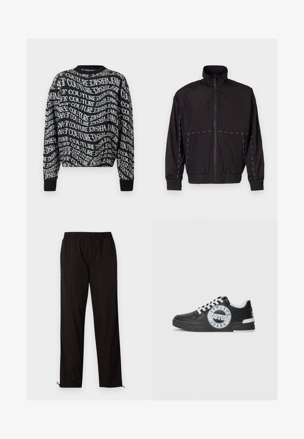 Černá lehká bunda s vysokým límcem a zipovým zapínáním. Má bílé prošívání na ramenou a rukávech. Elastické manžety.; Černý svetr s dlouhým rukávem a kulatým výstřihem s bílým zkresleným opakujícím se nápisem "Versace Jeans Couture" po celé látce.; Černé lehké kalhoty s elastickým pasem, stahovací šňůrkou a zipovými nohavicemi pro nastavitelný střih. Hladká, elegantní textura.; Černé kožené tenisky s bílými akcenty, kulatými detaily loga, perforovanou špičkou a kontrastní podešví. Obsahují bílé tkaničky a branding.