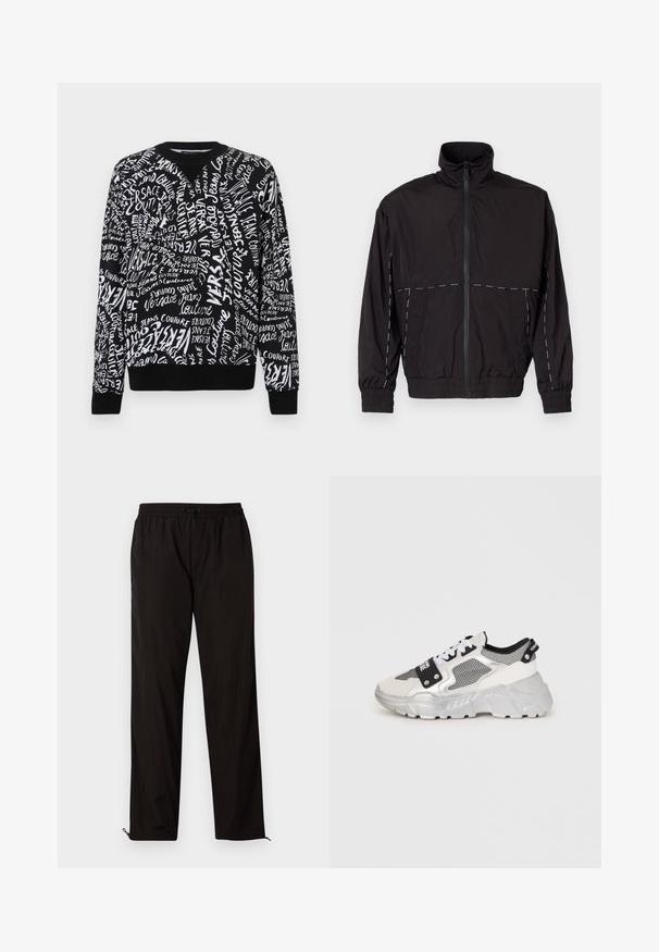 Μαύρο ελαφρύ μπουφάν με ψηλό γιακά και κλείσιμο με φερμουάρ. Διαθέτει λευκές ραφές στις ώμους και τα μανίκια. Ελαστικές μανσέτες.; Μαύρη φούτερ με λευκό χειρόγραφο κείμενο. Διαθέτει στρογγυλή λαιμόκοψη και ραμμένα μανίκια και κάτω μέρος. Κατασκευασμένο από υφασμάτινο ύφασμα.; Μαύρο ελαφρύ παντελόνι με ελαστική μέση, κλείσιμο με σκοινάκι και φερμουάρ στο κάτω μέρος για ρυθμιζόμενη εφαρμογή. Λείος και κομψός υφή.; Χοντρές αθλητικές παπούτσια με λευκό και ασημί σχέδιο. Περιλαμβάνουν πλέγματα, μαύρες λεπτομέρειες και λευκές κορδόνες. Υφή σε σόλα με ανάγλυφο μοτίβο.