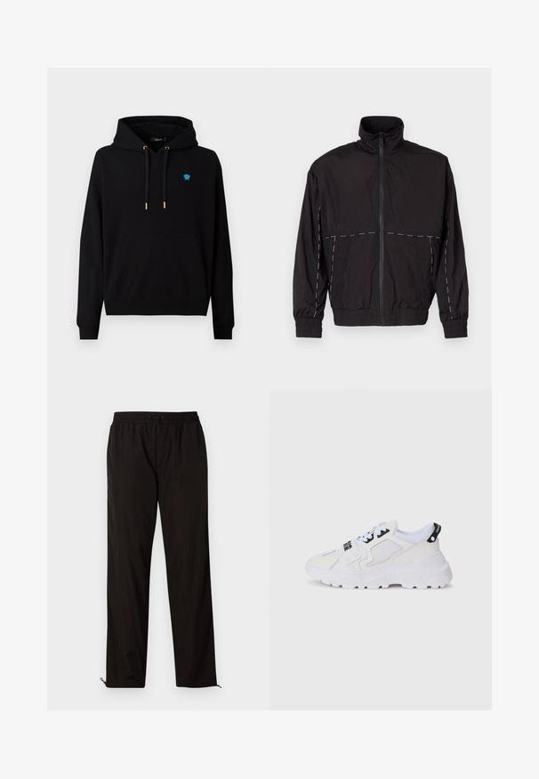 Črna lahka jakna z visokim ovratnikom in zadrgo. Ima bele šive na ramenih in rokavih. Elastični manšeti.; Črna kapuca iz mešanice bombaža, vsebuje sprednji kenguru žep, črte z zlatimi konicami in majhen moder logo na prsih.; Črne lahke hlače z elastičnim pasom, zapiranjem na vrvico in zadrgo na robovih za prilagodljivost. Gladka, sijoča tekstura.; Beli atletski supergi z mrežasto zgornjico, debelim podplatom in črnimi poudarki z natisnjenim logotipom. Teksturiran in strukturiran dizajn.