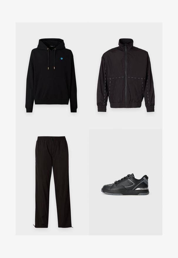 Svart lättviktsjacka med hög krage och dragkedjestängning. Har vita sömnadsdetaljer på axlarna och ärmarna. Elastiska muddar.; Svart hoodie i bomullsmix, med en framficka i kengurustil, snoddar med gyllene spetsar och en liten blå logotyp på bröstet.; Svarta lätta byxor med elastisk midja, snörning och dragkedja vid bensluten för justerbar passform. Slät och elegant yta.; Svarta lädersneakers med texturerad detaljering, silvriga accenter, rund tå och ett mönstrat mellansul med en logotyp. Snörningsdesign.