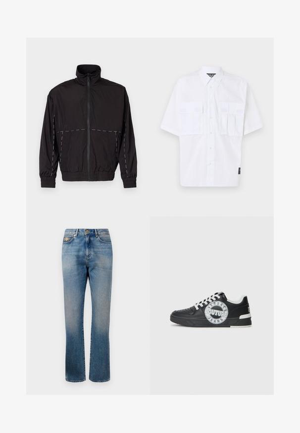 Črna lahka jakna z visokim ovratnikom in zadrgo. Ima bele šive na ramenih in rokavih. Elastični manšeti.; Bela kratka majica s kratkimi rokavi z gumbom, dvema sprednjima žepoma s pokrovčkom in oznako blagovne znamke na strani. Gladka tekstura in sproščen kroj.; Modre kavbojke s ravnimi nogami, z rahlim zbledelostjo, zlatim gumbom in zakovicami ter klasičnim pet-pocket stilom.; Črne usnjene superge z belimi detajli, okroglo logotipno okrasitev, perforiran prst in kontrastno podplat. Imajo bele vezalke in blagovno znamko.