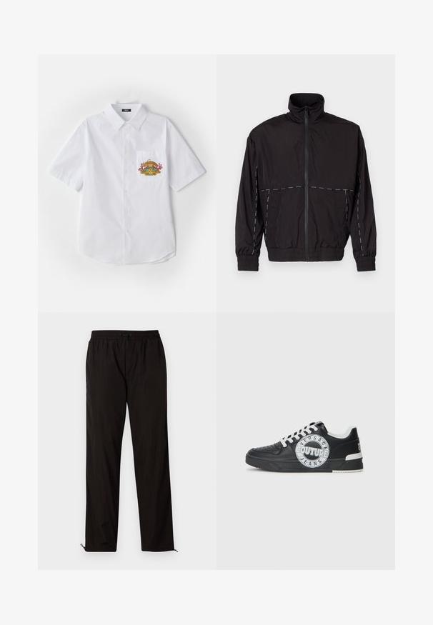 Casaco leve preto com gola alta e fecho de correr. Apresenta detalhes em costura branca nos ombros e mangas. Punhos elásticos.; Camisa branca de manga curta, com botões e colarinho, apresentando um desenho colorido bordado no bolso do peito esquerdo.; Calças leves pretas com cintura elástica, fecho por cordão ajustável e bainhas com fecho de correr para ajuste. Textura suave e elegante.; Tenis de couro preto com detalhes em branco, logótipo redondo, ponta perfurada e sola de contraste. Apresenta atacadores brancos e marca.