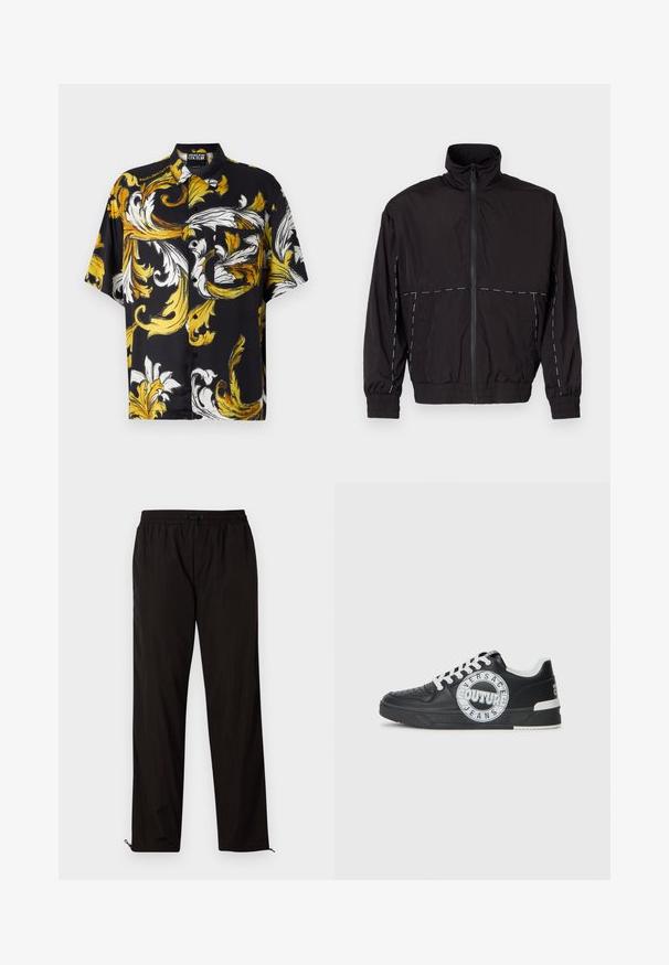 Zwarte lichtgewicht jas met hoge kraag en ritssluiting. Heeft witte stiksels op de schouders en mouwen. Elastische manchetten.; Zwart shirt met korte mouwen, versierd met een gedurfde gele en witte bloemenpatroon, voorzien van een kraag en een borstzak met knoopsluiting.; Zwarte lichtgewicht broeken met een elastische tailleband, treksluiting en met rits afsluitbare zoom voor een aanpasbare pasvorm. Glad, strak textuur.; Zwarte leren sneakers met witte accenten, ronde logodetailing, geperforeerde neus en contrasterende zool. Voorzien van witte veters en merknaam.