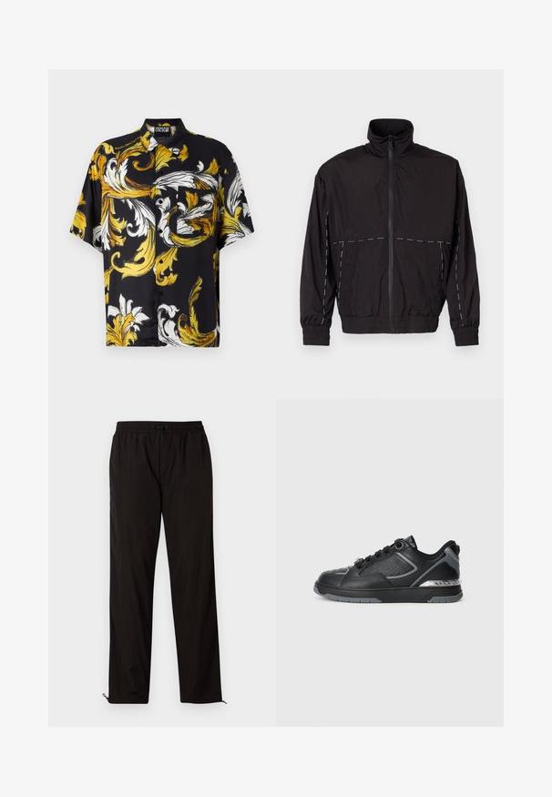 Czarna, lekka kurtka z wysokim kołnierzem i zapięciem na zamek. Posiada białe przeszycia na ramionach i rękawach. Elastyczne mankiety.; Czarna koszula z krótkim rękawem, z wyraźnym żółtym i białym wzorem kwiatowym, z kołnierzykiem i przednią kieszenią z zapięciem na guzik.; Czarne, lekkie spodnie z elastycznym paskiem w talii, z zapięciem na sznurek i zamkami błyskawicznymi przy nogawkach dla regulowanego dopasowania. Gładka, stylowa tekstura.; Czarne skórzane sneakersy z teksturowanymi detalami, srebrnymi akcentami, okrągłym noskiem oraz wzorzystą podeszwą środkową z logo. Zapięcie na sznurówki.