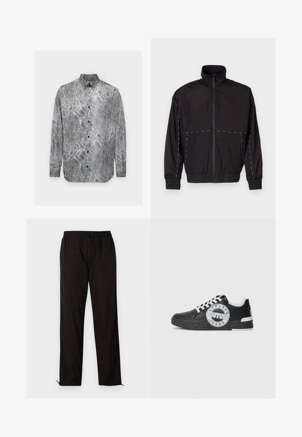 Črna lahka jakna z visokim ovratnikom in zadrgo. Ima bele šive na ramenih in rokavih. Elastični manšeti.; Majica z dolgimi rokavi z dizajnom vzorca kače v črno-beli barvi, s pripenjanjem in gladko teksturo tkanine ter črnimi gumbi.; Črne lahke hlače z elastičnim pasom, zapiranjem na vrvico in zadrgo na robovih za prilagodljivost. Gladka, sijoča tekstura.; Črne usnjene superge z belimi detajli, okroglo logotipno okrasitev, perforiran prst in kontrastno podplat. Imajo bele vezalke in blagovno znamko.