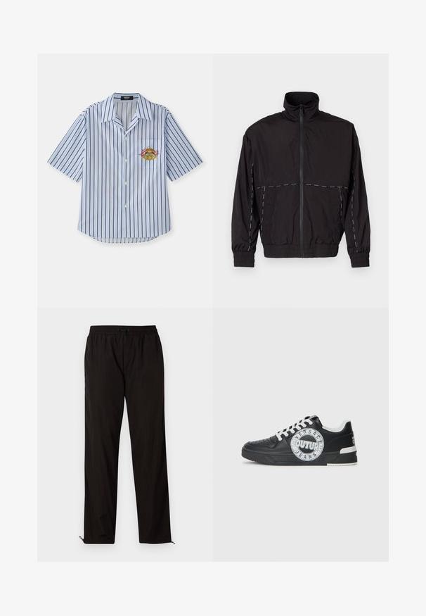 Čierna ľahká bunda s vysokým golierom a zipsom. Má biele švy na pleciach a rukávoch. Elastické manžety.; Košeľa s krátkym rukávom modro-bielo pruhovaná, s gombíkmi vpredu, náprsnom vreckom a vyšívaným dizajnom kraba. Mäkko tkanina, voľný strih.; Čierne ľahké nohavice s elastickým pásom, sťahovacím pásom a zipsami na spodnej časti, ktoré umožňujú prispôsobiť veľkosť. Hladká, lesklá textura.; Čierne kožené tenisky s bielymi akcentmi, okrúhlym logom, perforovanou špičkou a kontrastnou podrážkou. Obsahujú biele šnúrky a značkovanie.
